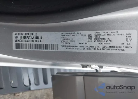 2020 Ram 1500 Rebel 4X4 5'7 Box z USA, uszkodzony, nr VIN 1C6SRFLT3LN358814